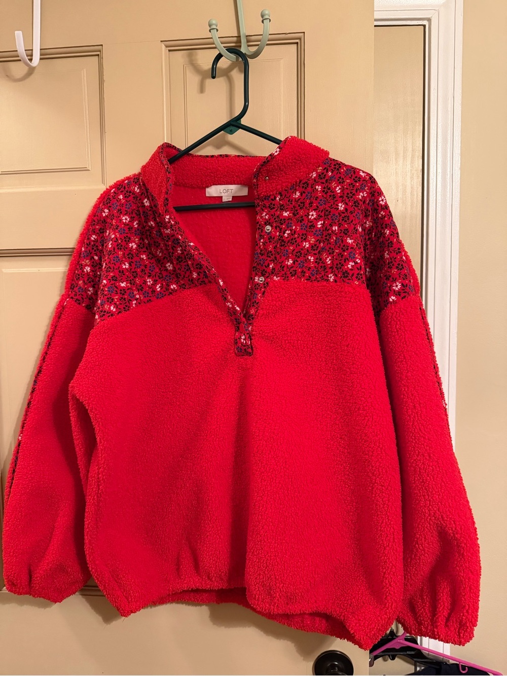 LOFT Red Floral Yoke Sherpa Pullover